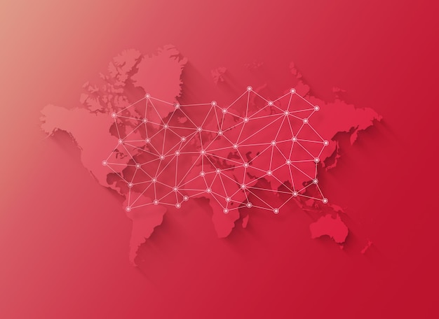 World map and digital network illustration on a pink background