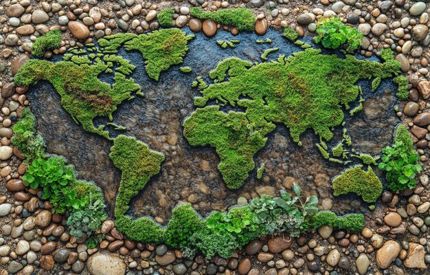 Photo a world map formed by moss and stones with clear water flowing around celebrating natures artistry