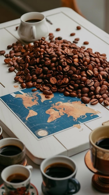 Photo world map fragrant coffee beans on a white wooden background traditional drinks top view