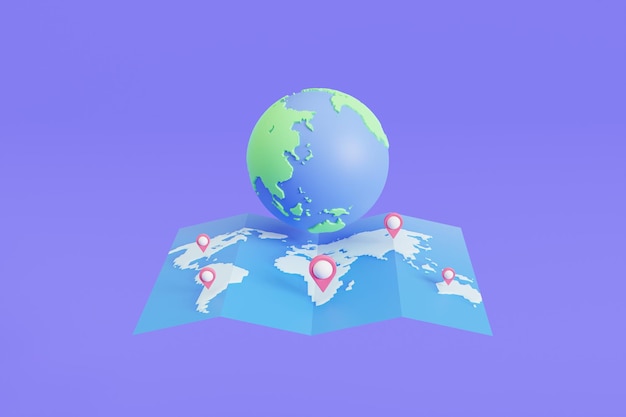 World map globe cartoon Navigation icons creative design concept 3d illustration