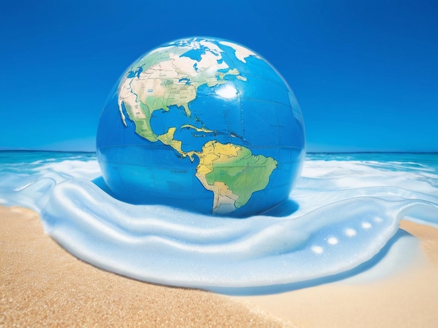 World map Globe in sand with gentle waves symbolizing oceans day