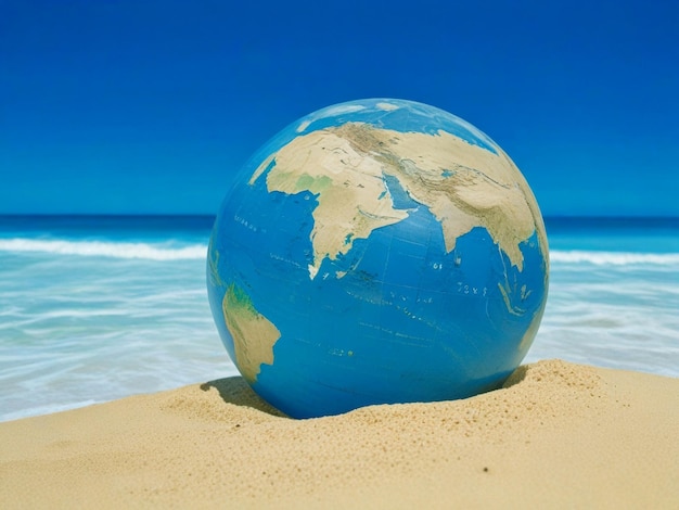 World map Globe in sand with gentle waves symbolizing oceans day