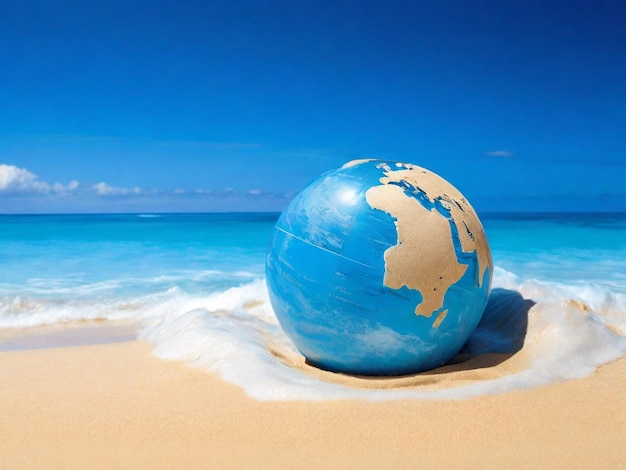 World map Globe in sand with gentle waves symbolizing oceans day