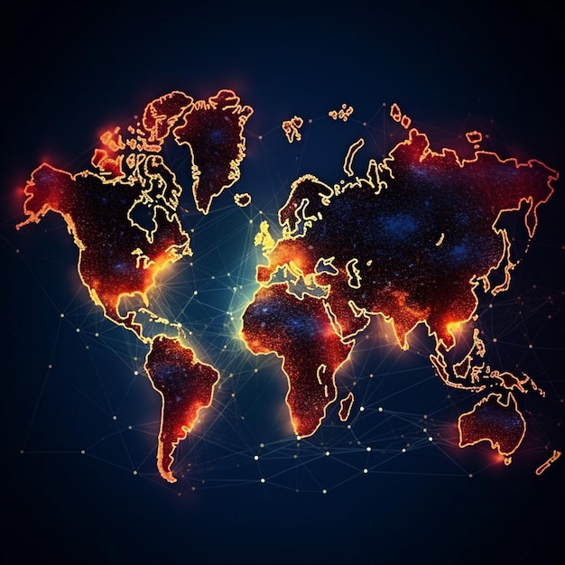 World map glowing lines on dark blue background