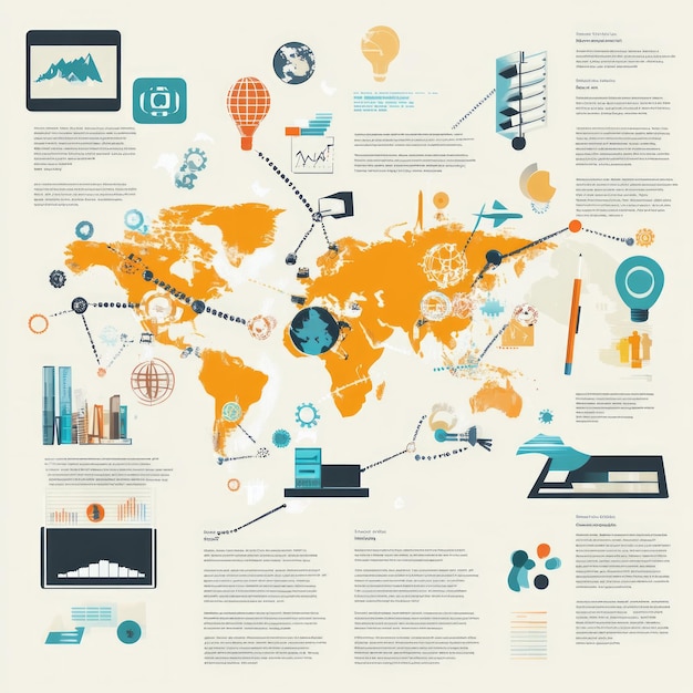 Photo world map infographic with connected dots and icons