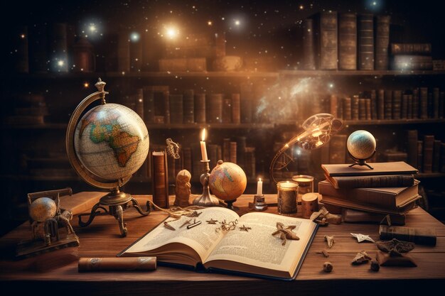 a world map is on a desk with a globe and a book with a globe on it