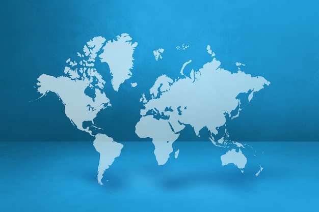 World map isolated on blue wall background. 3D illustration