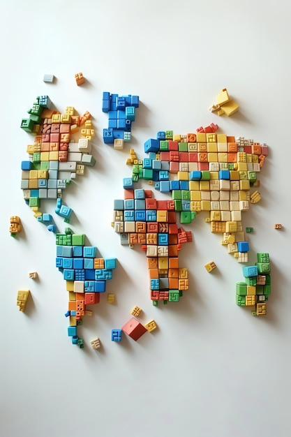 a world map made of cubes with the world map on the left