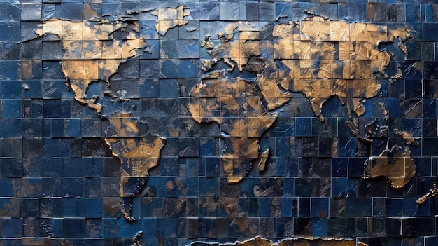 World map made of glass tiles and multicolored ceramic tiles