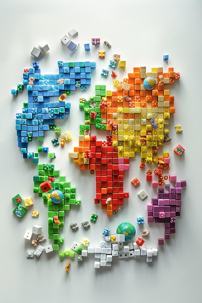 Photo a world map made of legos with a heart shaped map in the middle