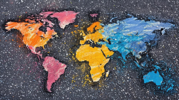 World map made of multicolored chalks on the asphalt