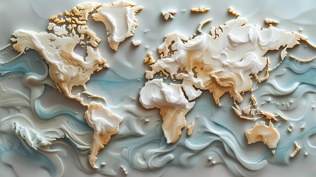 A world map made of white and brown marble