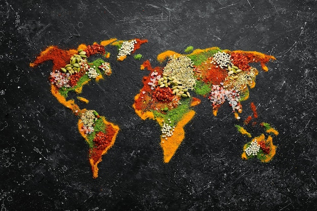 World map - Set of spices and condiments on a black background. Top view.