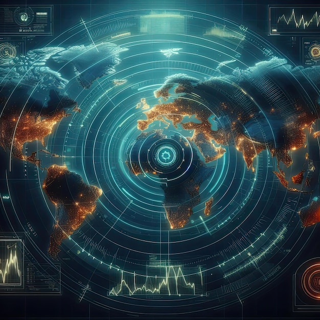 World map of terrain with radar interface concept of communication