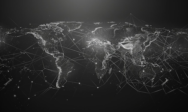 Photo a world map visualization with interconnected lines and glowing dots generate ai