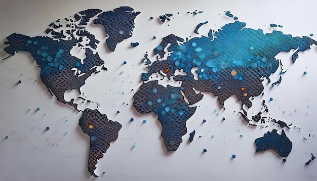 Photo world map on a white wall with blue spots and dots around the scene