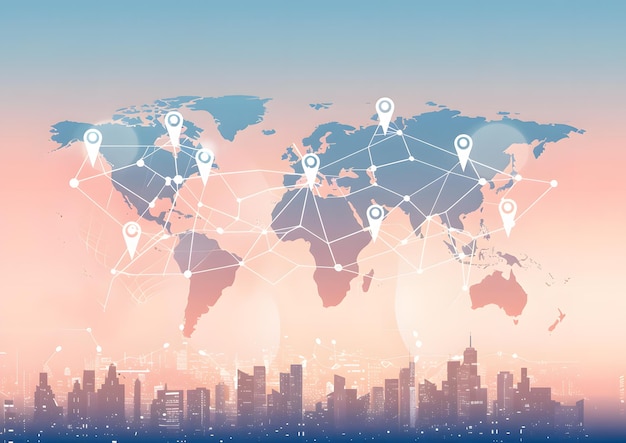 A world map with city pins connected by lines symbol