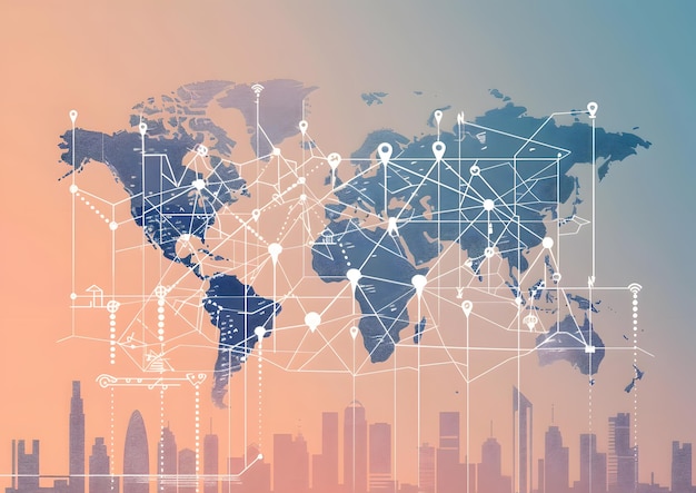 A world map with city pins connected by lines symbol