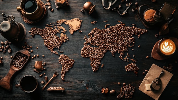 Photo a world map with coffee beans and coffee beans on a dark wooden table