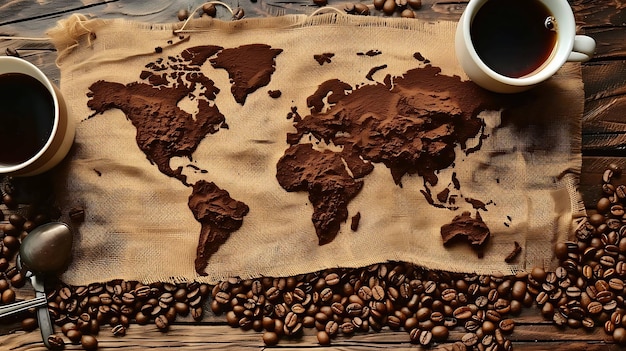 Photo a world map with coffee beans and coffee beans