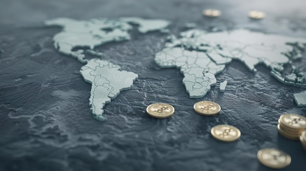 Photo world map with coins symbolizing global finance and economy