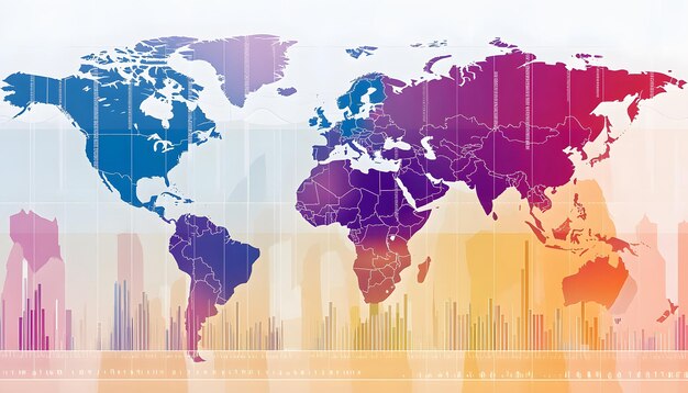 Photo world map with color gradient and bar graph data