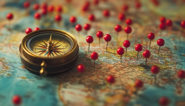 World map with compass and red pins representing exploration navigation and travel symbolizing adventure and strategic planning perfect for global business travel or explorationthemed projects