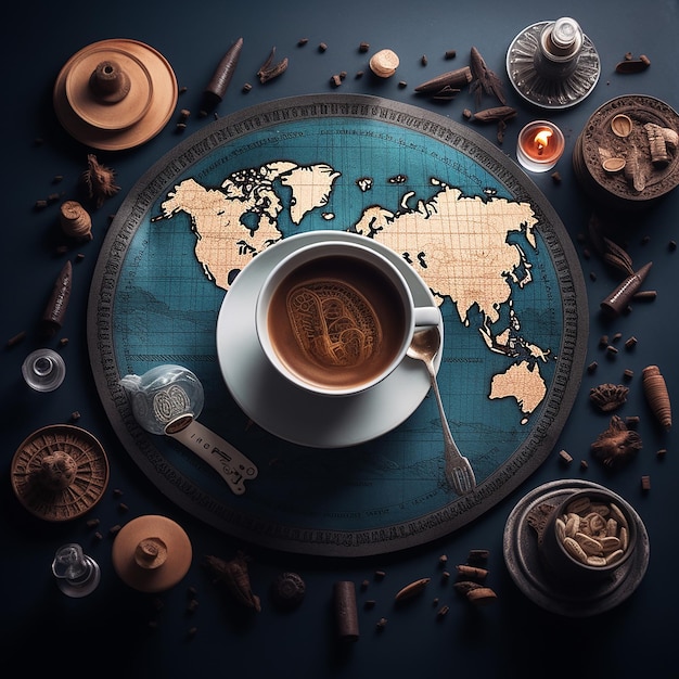 a world map with a cup of coffee and a world map