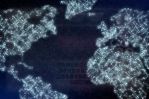 World map with dots and lines, worldwide digital communication web or network 