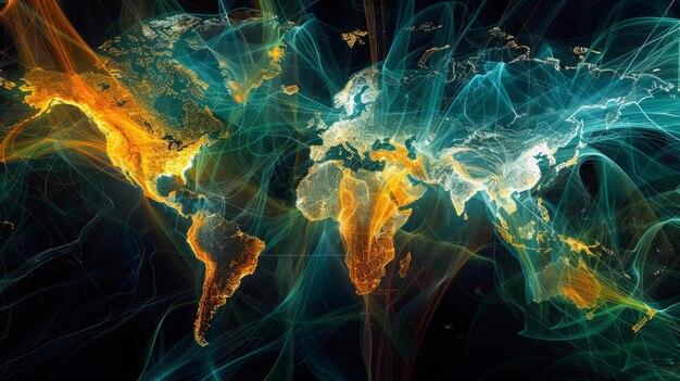 Photo world map with energy lines and glowing flares an energetic depiction of global connectivity