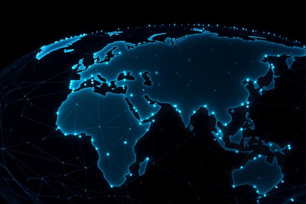 World map with global technology social connection network with lights and points