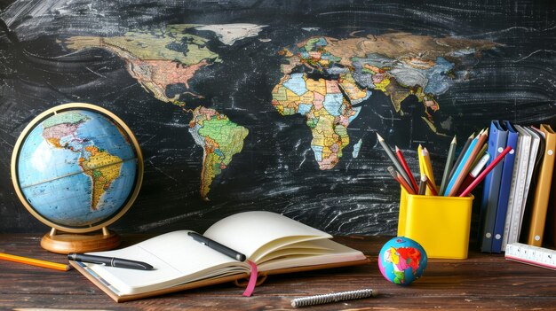 Photo a world map with a globe and a pencil