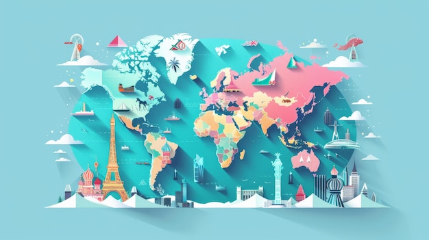 World Map with Landmarks Illustration