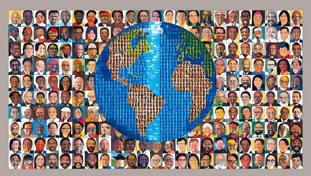 Photo world map with many portraits covering the globe people of various ethnicities