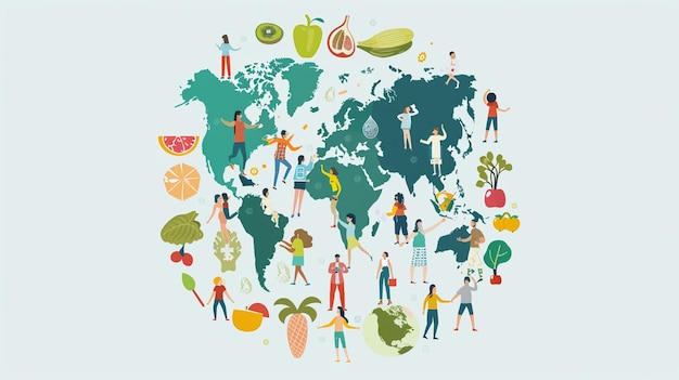 Photo a world map with people and fruits around it