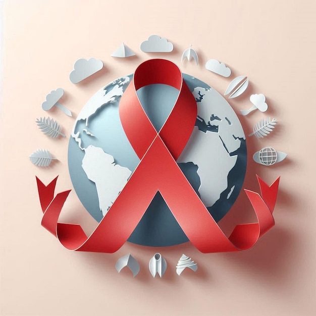 a world map with a red ribbon around it and the word breast cancer on the bottom