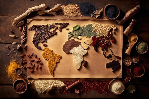 World map with several types of spices on a wooden background