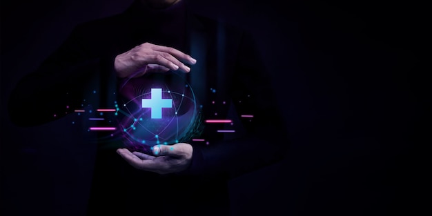 World Medical Innovation Technology Concepts.Hospital and Health Care Virtual Network. Person Levitating a Digital and Futuristic Graphic by Hands