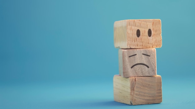 world mental health day concept or feedback rating and positive customer review wood cube stacking with emotion face icon on blue background