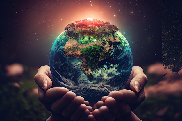 World mental health day concept Human hands holding brain of earth over blurred nature