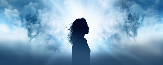 World Mental Health Day Concept A Lone Womans Silhouette Set Against An Abstract Heavenly Background