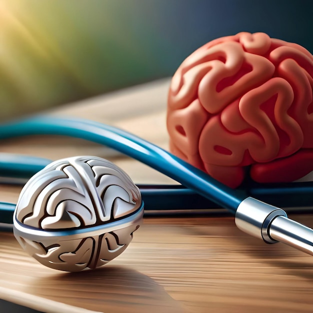 World Mental Health Day illustration concept Images Heartbeat Stethoscope and human brain