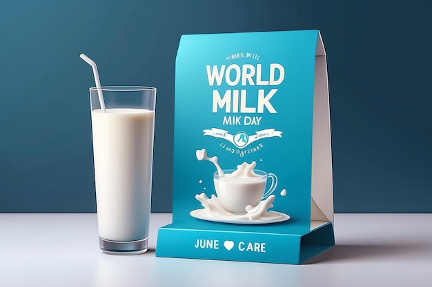 World Milk Day June 1st vertical banner with a milk glass and milk box on the podium