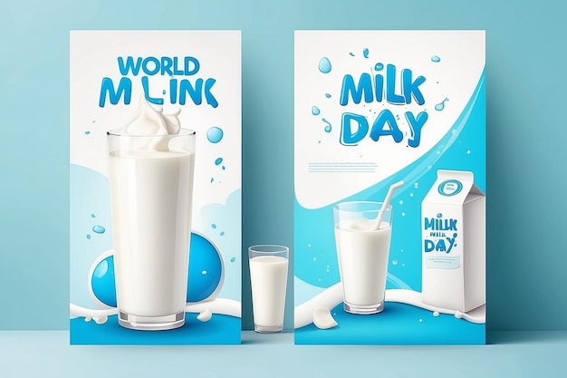 World Milk Day June 1st vertical banner with a milk glass and milk box on the podium