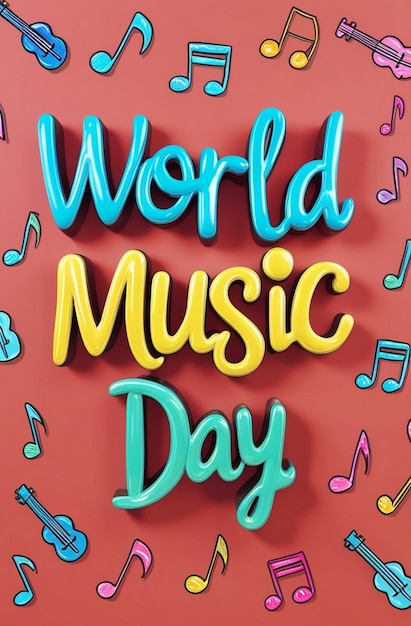 World music day 3d sign illustration on music instrument doodles background