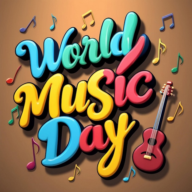 Photo world music day 3d sign illustration on music instrument doodles background