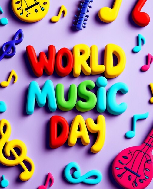 Photo world music day 3d sign illustration on music instrument doodles background