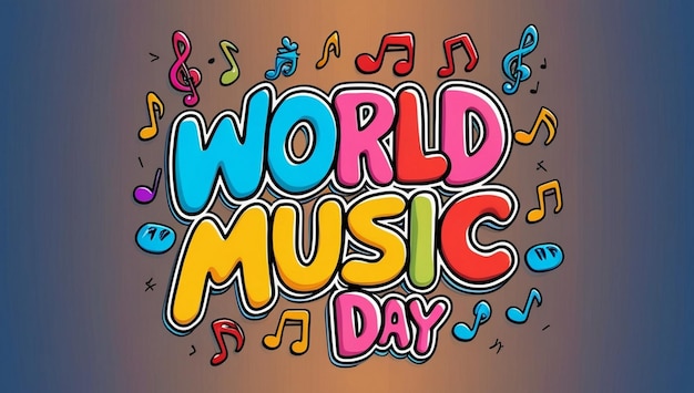 World music day 3d sign on music instrument doodles background