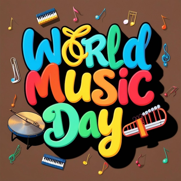 World music day 3d sign on music instrument doodles background