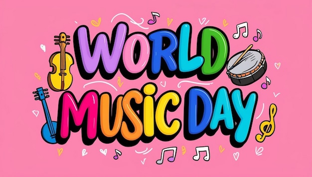 World music day 3d sign on music instrument doodles background